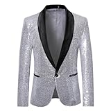 HHuiXinXue Herren Glänzende Pailletten Anzug Slim Fit Modisch Blazer Jacke Kleid Sakko Mit Schalkragen (Silber,XL)
