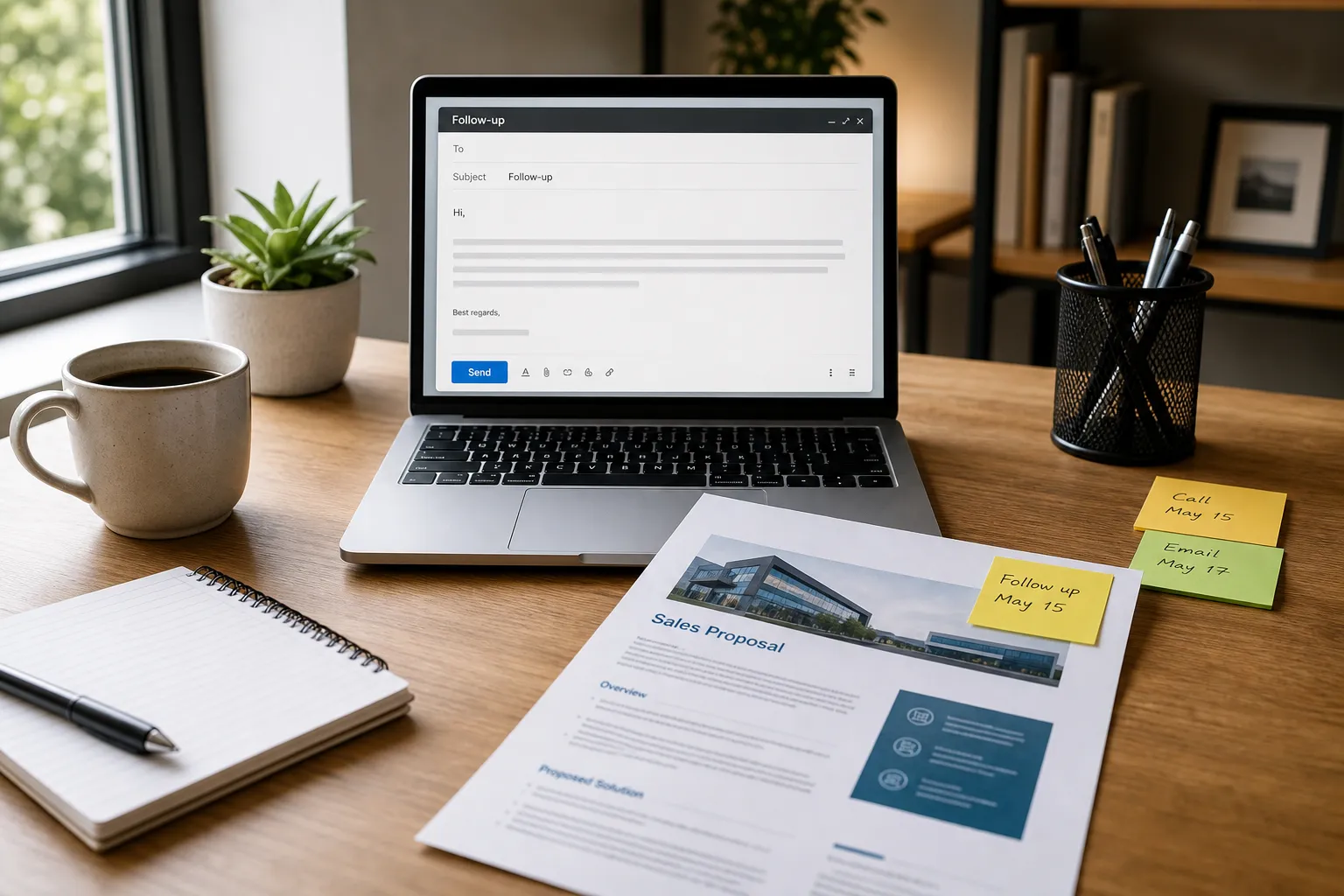 Vertriebsmitarbeiter schreibt Nachfass-E-Mail am Laptop mit ausgedrucktem Angebot auf dem Schreibtisch
