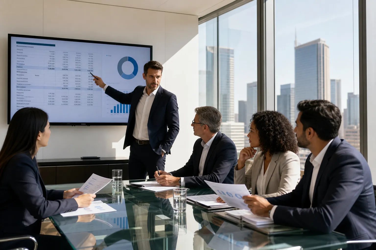 B2B-Beratungsgespräch mit mehreren Stakeholdern im modernen Konferenzraum beim Consultative Selling