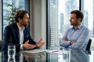 Verkäufer behandelt Einwand eines skeptischen Kunden im professionellen Bürogespräch