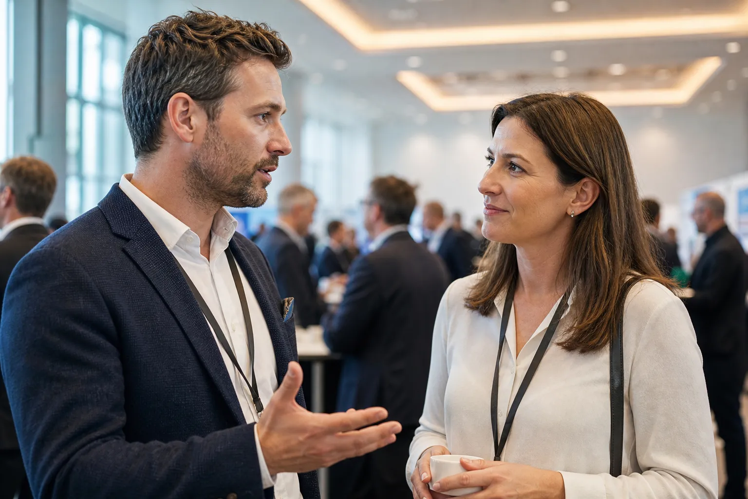 Zwei Personen beim Elevator Pitch auf einem Netzwerkevent