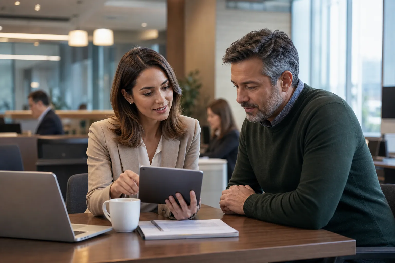 Junge Kundenberaterin berät Kunden in einer modernen Bankfiliale am Tablet