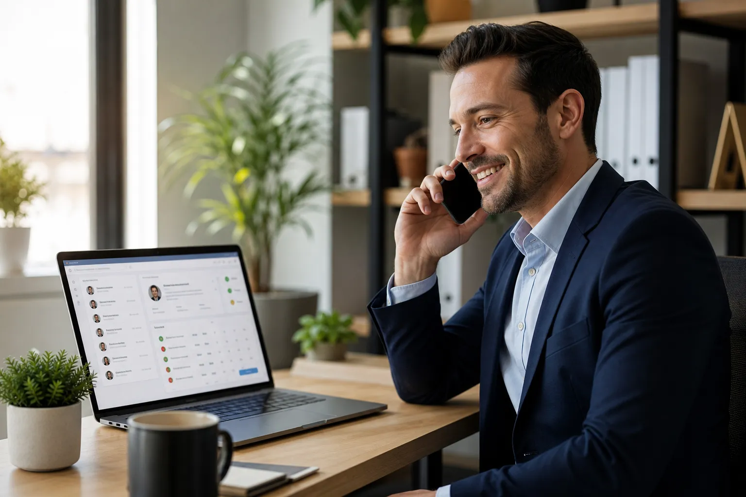 Vertriebsmitarbeiter beim persönlichen Kunden-Follow-up nach dem Verkauf am Telefon mit CRM-System auf dem Bildschirm