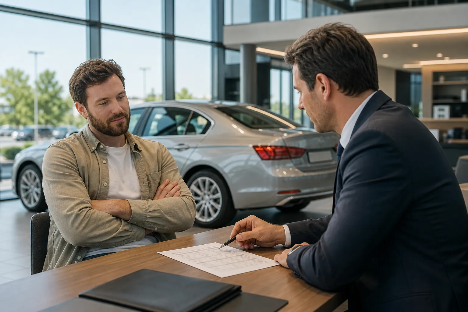 Käufer und Autohändler verhandeln den Preis eines Fahrzeugs im Autohaus