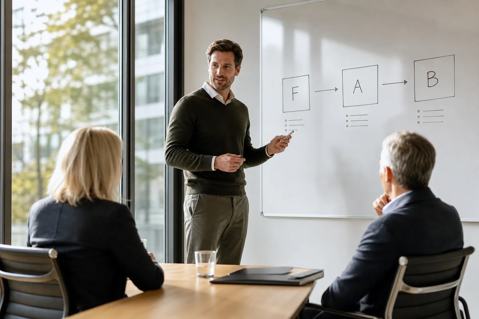 Verkäufer erklärt FAB-Methode auf einem Whiteboard im Verkaufsgespräch