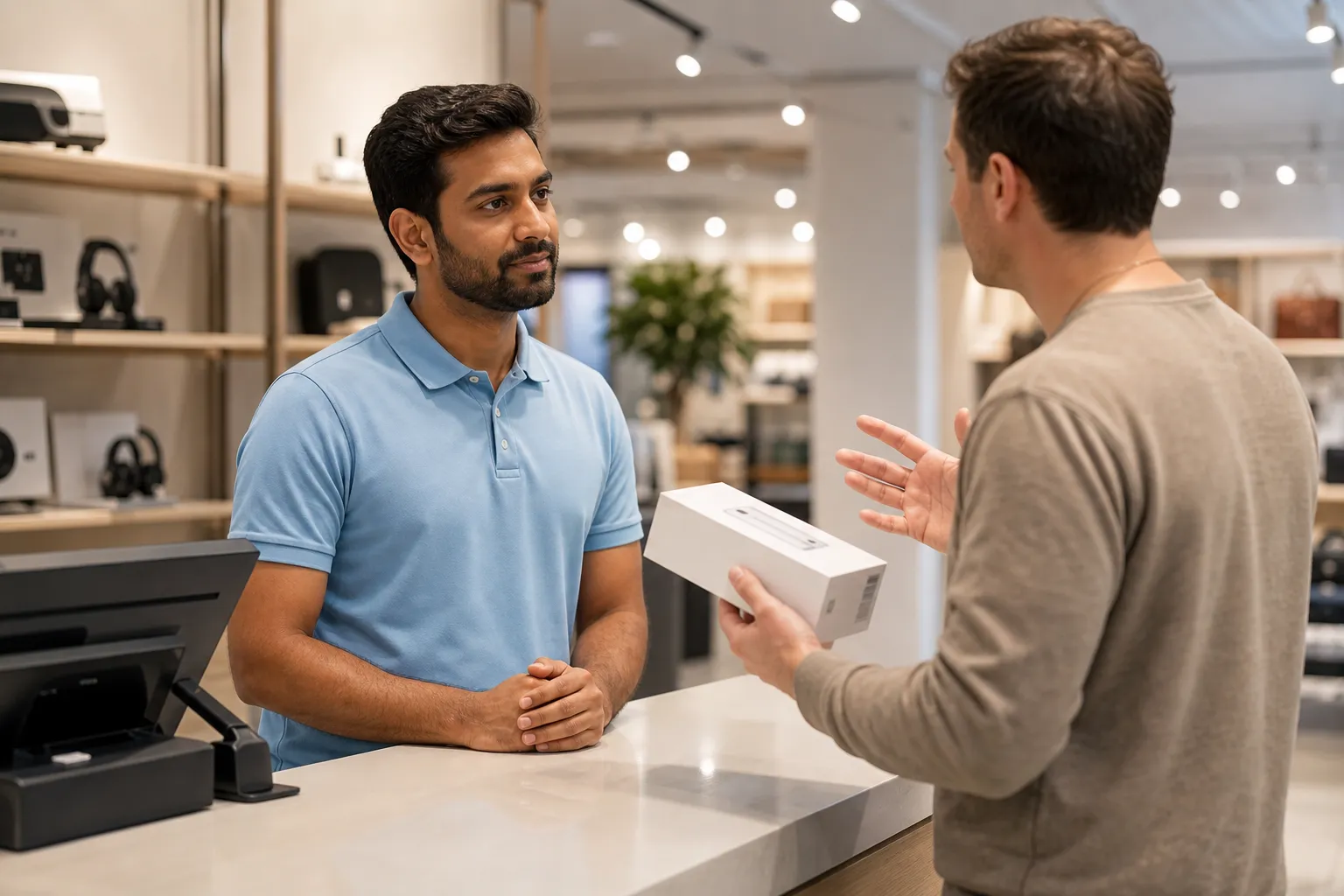 Mitarbeiter im Einzelhandel nimmt ruhig eine Reklamation eines Kunden am Servicetresen entgegen