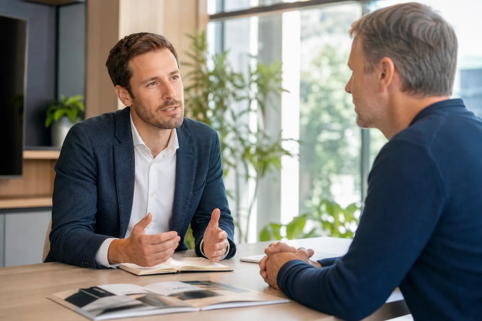 Verkäufer und Kunde im Gespräch an einem modernen Büroschreibtisch