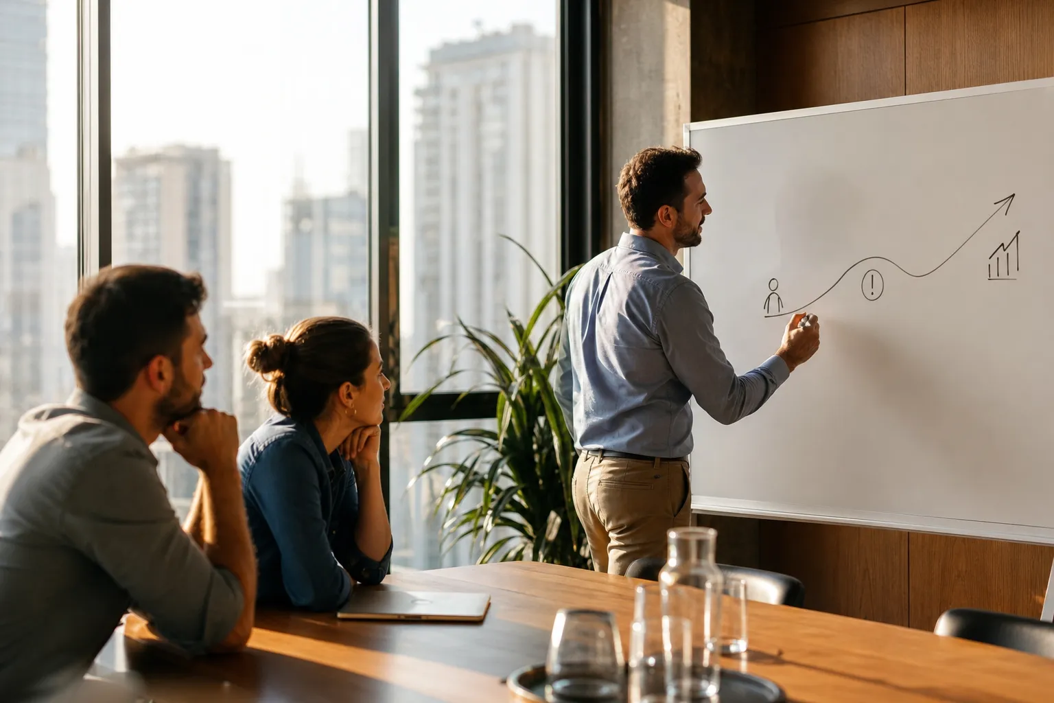 Verkäufer erklärt das 3-Akt-Modell für Storytelling im Verkaufsgespräch am Whiteboard