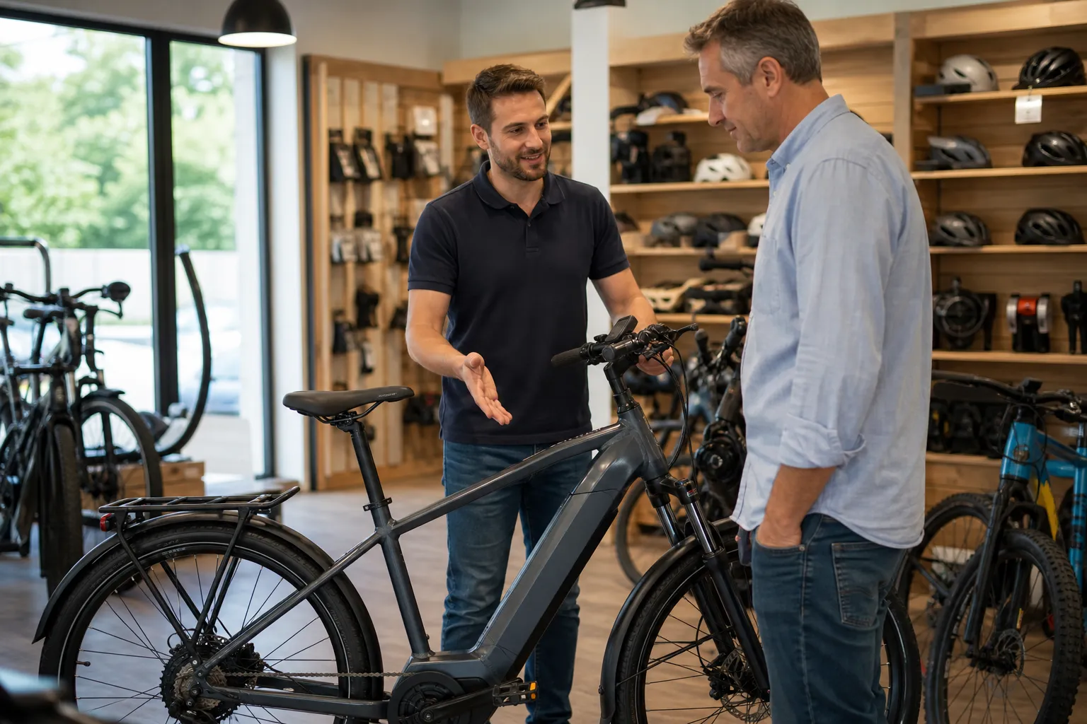 Verkäufer erklärt einem Kunden ein E-Trekkingrad im Fahrradfachhandel – Beispiel für ein Einzelhandel-Verkaufsgespräch