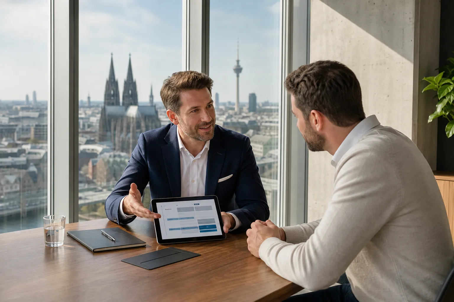 Zwei Geschäftspersonen führen ein strukturiertes Verkaufsgespräch in einem modernen Meetingraum