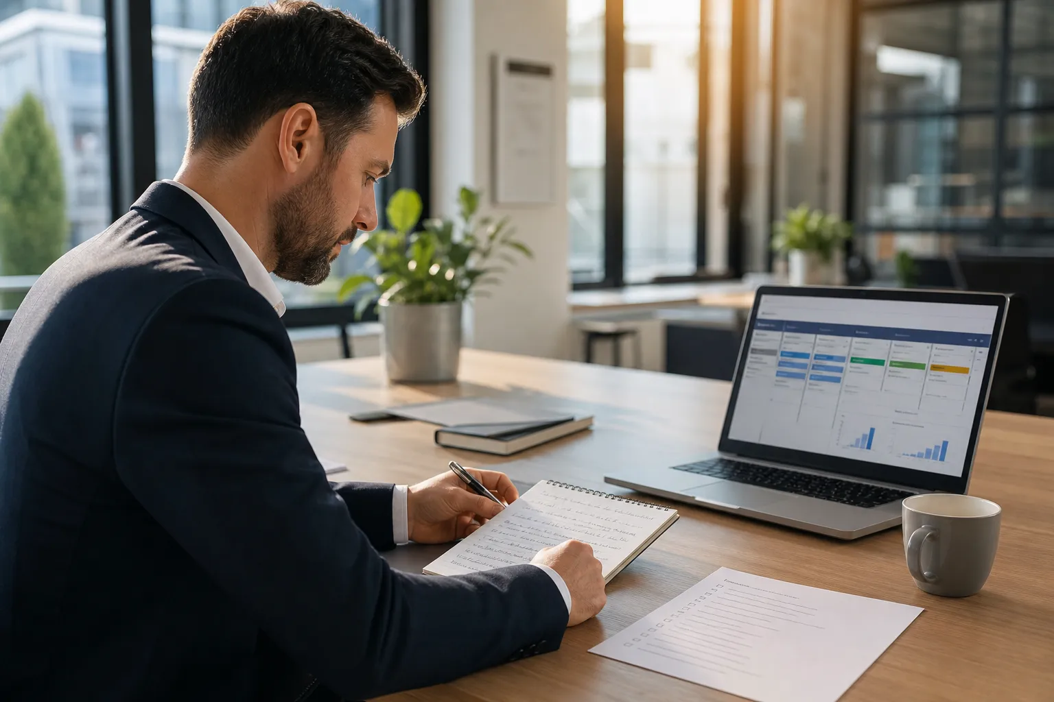 Vertriebler bei der Nachbereitung eines Verkaufsgesprächs am Schreibtisch mit CRM-Software und Notizen