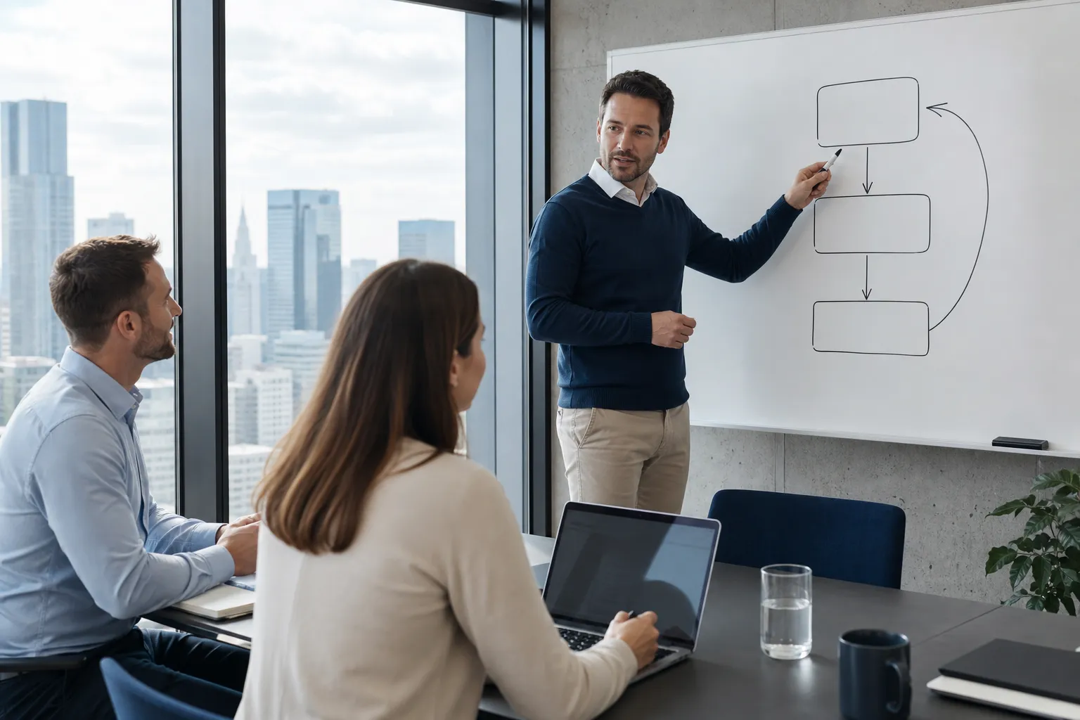 Vertriebsmitarbeiter erklärt Verkaufstechniken am Whiteboard im modernen Konferenzraum