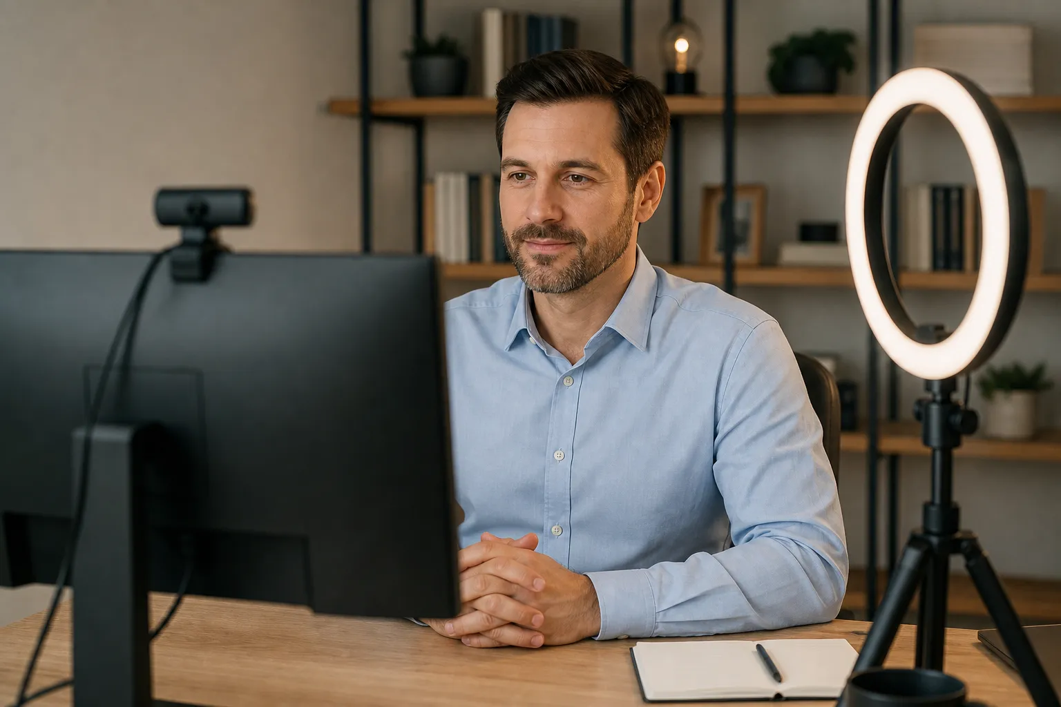 Professionelles Setup für virtuelle Verkaufsgespräche mit externer Webcam und Ringlicht